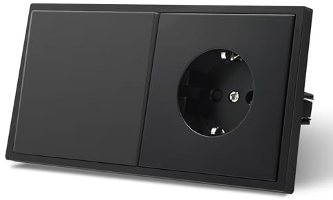 MVAVA Lichtschalter Unterputz, Standard Lichtschalter mit Schuko Steckdose 1 Fach 1 Weg, Kunststoffe Wandschalter 80mm x 150mm, Schwarz, M2-Serie