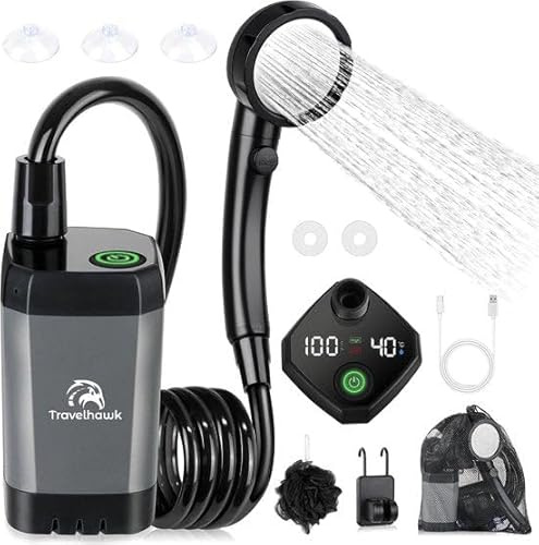 TravelHawk Campingdusche mit Pumpe - Gartendusche Duschkopf mit Schlauch und Temperaturanzeige, Camping Dusche, Reisedusche, 6000 mAh-Akku, Solardusche für Camping, Outdoor, Reise