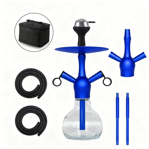 RMAN Mini Cachimba 37CM Glass Hookah, Azul | Completo con Funda de Tela, 2 Manguera de Silicona, Diseño Portátil, Set Premium, Para Uso Doméstico, Fiestas, Viaje