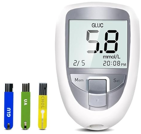 Tester Multifunzione Per Glucosio, Misuratore Di Colesterolo Totale Per Glucosio, Acido Urico, 3 In 1, Con 25 Strisce Reattive Per Zucchero Nel Sangue + 10 Per Acido Urico + 10 Per Colesterolo
