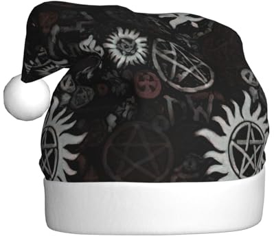 AYYQWE Gorro de Papá Noel con estampado negro de símbolos sobrenaturales para hombres y mujeres, decoración de fiesta, Año Nuevo, festividades, celebraciones, gorro de Navidad