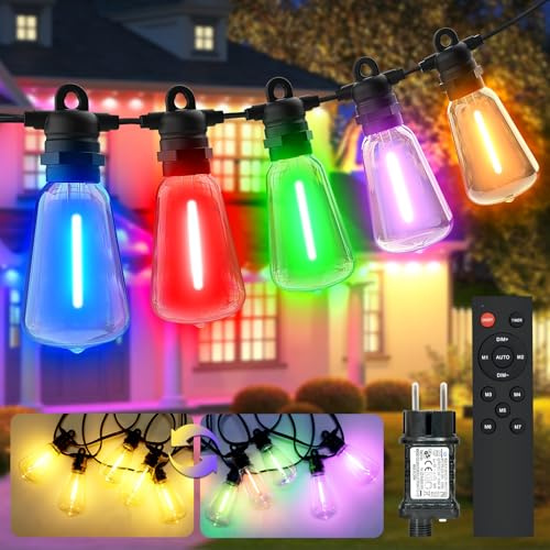 YIFMOO LED Lichterkette Außen Strom, Warmweiß & Farbwechsel, 8M 12 Glühbirnen, 8 Modi Lichterkette Outdoor mit Fernbedienung, IP68 ST38 Lichterketten für Innen Garten Balkon Pavillon Terrasse Deko