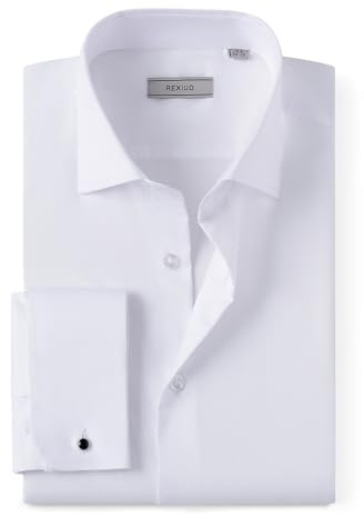 REXIUD Men’s Stretch Dress Shirt – Windsor Collar French Cuffs Formal Long Sleeve Shirt with Removable Collar Stays, Solid Color (UK, Neck & Sleeve, 14.5, 32, 33, Regular, Regular, White)