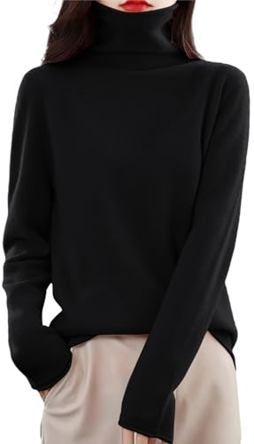 Suéter de invierno para mujer, de punto cálido, de cuello alto, mezcla de lana suave, manga larga, ajustado, casual, para mujer, Negro, M