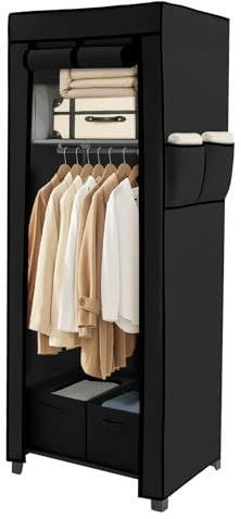 Canvas Wardrobe 161 x 59 x 45 cm – Portable Fabric Closet with Base Design, 2 Storage Boxes & Side Pockets, Lightweight Organizer for Bedroom, Apartment, Dormitory, or Home Use (Black)