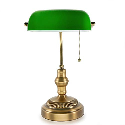 ASOKO Traditional Bankers Lamp, Brass Base, Handmade Emerald Green Glass Shade,Vintage Office Table Light, Antique Style Desk Lamps for Office, Library, Study Room (Brass)(No Bulbs Included)