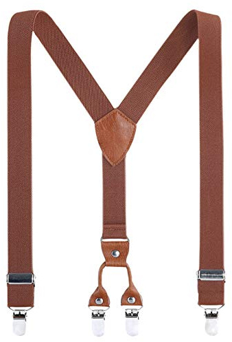 AWAYTR Kids Child Men Boy Suspenders - Adjustable Elastic Solid Color 4 Strong Clips Braces (Brown, 25Inches (6 Years to 9 Years))