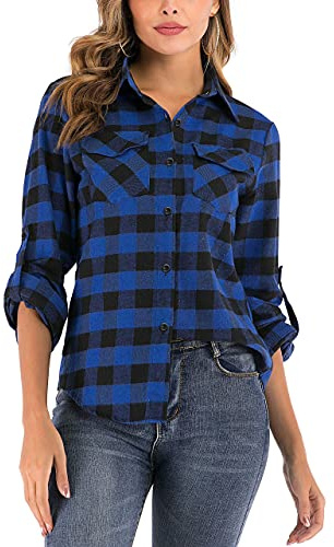 Enjoyoself dam, rutig blus, långärmad, rutiga flanellskjortor, 100 % bomull, button-down skjortblus för vardag och oktoberfest, blå, S