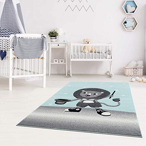 carpet city Kinderteppich mit Löwe in Mint, Grau - 120x170 cm - Kurzflor Spielteppich für Kinderzimmer, Babyzimmer und Spielecke - 100% Polypropylen, weiche Haptik