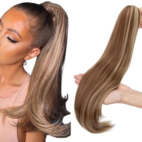 55 cm Kralle an Pferdeschwanz Extensions Lockig Clip in Ponytail Wavy Curly Synthetik Haare Extensions Haarverlängerung Zopf Haarteil Ponytail für Frauen Hellbraun & Aschblond