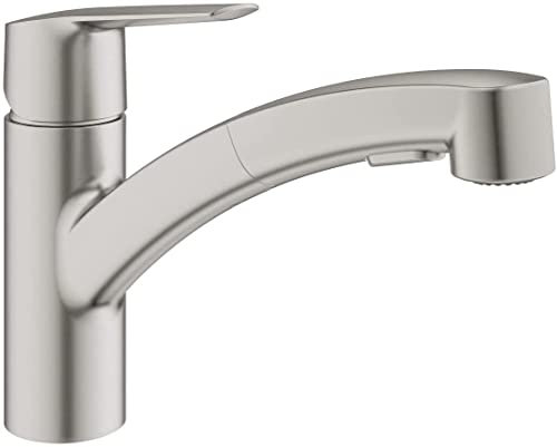 GROHE Start, Küchenarmatur 2 Strahlarten (Wasserhahn Küche mit ausziehbarer Brause, 90° schwenkbar, wassersparend dank variabler Mengenbegrenzung, werkzeugfreie Spülbecken-Montage) edelstahl, 30531DC1