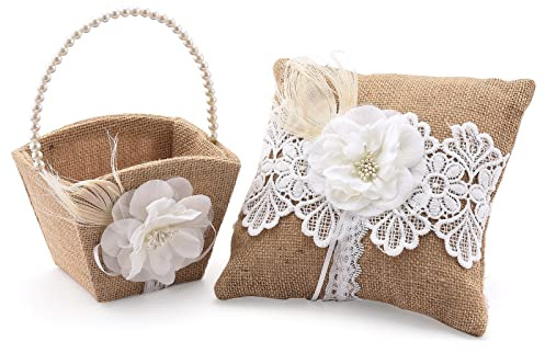 WIVAYE Juego de cesta y almohada de anillo para niña de flores de boda, cesta de arpillera con mango de perlas, cojín de encaje de arpillera para decoración de bodas y fiestas de aniversario