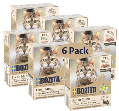 Bozita Tetra Häppchen in Sauce mit Hühnchen & Pute – 6x370g Getreide- & zuckerfreies Premium-Katzenfutter, ohne Gentechnik, mit 7,5% Protein und 5% Fettgehalt – leckeres Nassfutter für Feinschmecker