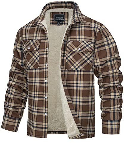 TACVASEN Herren Sweatjacke Gefüttert Winter Hemden Langarm Wattiert Herrenhemd Holzfällerhemd Hoodie, Braun, XXL