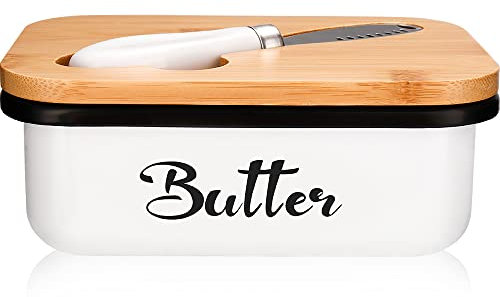 Butter Dish with Lid, Metal Butter Dish with Multi-Functional knife, Lightweight Unbreakable Butter Container for Countertop Upgrade Double Silicone Seal, 14x5x9cm,White