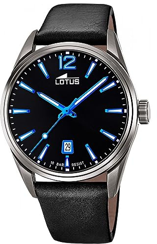 LOTUS Reloj Hombre Analógico de Acero Inoxidable y Cuero Negro | Movimiento de Cuarzo, Calendario, Cristal Mineral de Alta Resistencia, Resistente al Agua 10 ATM Clásico 18685/6 Minimalist