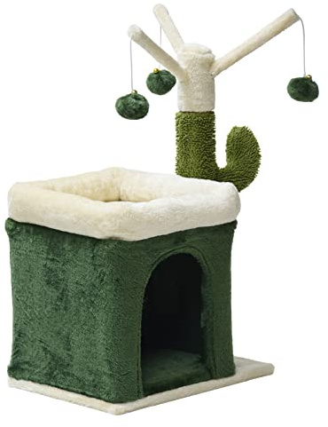 Fudajo Árbol rascador para gatos 70cm diseño cactus poste sisal 4mm con caseta y 3 bolas de juego