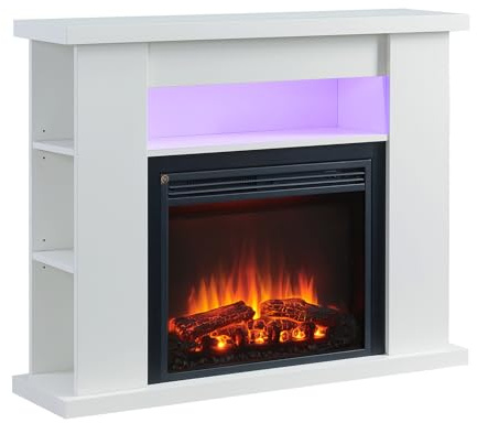 FLAMME 43 Freestanding Electric Fireplace Suite, Lipson, White | With 1kW-2kW Fireplace Heater, Storage Shelves, 4 LED Flame Options, 13 Mood Lighting Options and Remote Control