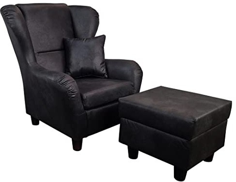 luma-Home 18007/ Vintage Ohrensessel mit Hocker im Landhaus-Stil, Schwarz | B90/H98/T76 cm, hoher Sitzkomfort durch Wellenunterfederung, Lesesessel mit Echtholzfüßen, Mikrofaserstoff in Leder-Optik