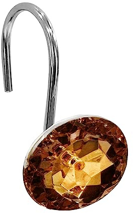 Gibelle Shower Curtain Hooks, Diamond Shaped Shower Curtain Rings Hooks for Bathroom Curtains Rod, Acrylic Decorative Rhinestones Bling Rolling Bathroom Accessories Set of 12, Brown
