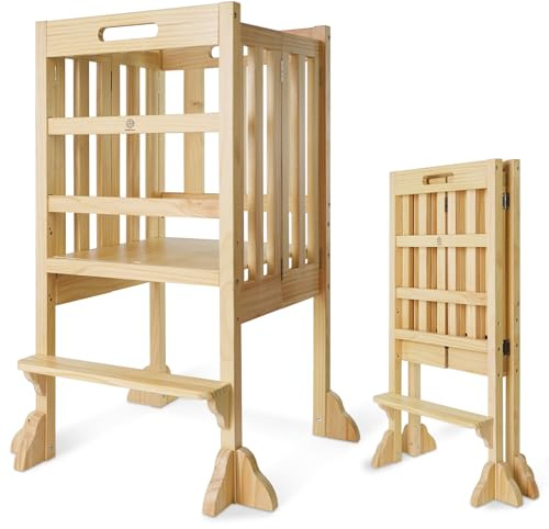 Foldable Toddler Learning Standing Tower, WOOD CITY Montessori Kitchen Step Stool Ideal Helper with 3 Adjustable Heights for Learning New Skills(Natural)