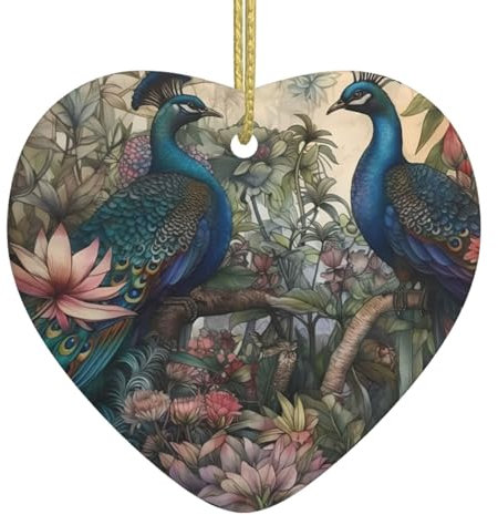 Aquarell, schöne Pfauen, Blumen, Weihnachtsschmuck, Weihnachtsschmuck, Weihnachtsbaum, hängende Ornamente, herzförmige Keramik, festliches Andenken, Geschenk für Weihnachtsdekorationen, Zuhause,