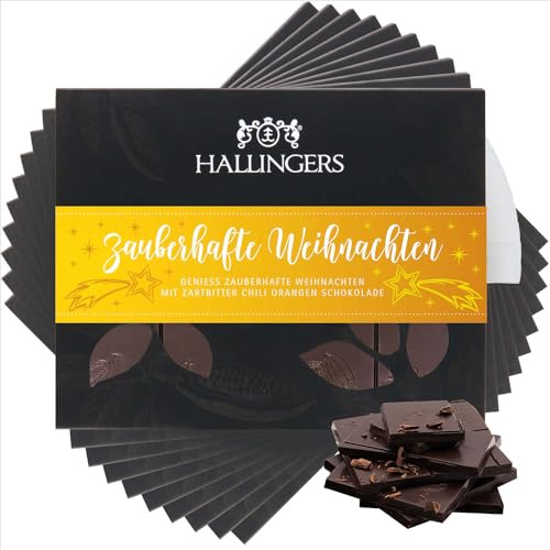 Hallingers Genuss Manufaktur Vegane Schokolade Weihnachts-Geschenk - Tafel handgeschöpfter Edelkakao ohne Alkohol edler Karton 10x Zauberhafte Wei... Orange-Chili, Weihnachten für Frauen Männer