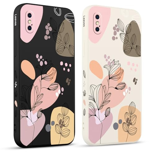 Pnakqil 2 Pièces Coque pour iPhone X/XS 5,8, Etui avec Amusante Fleur Feuilles Latéral Mignon Dessin Case Souple Silicone Housse Téléphone en Souple Fille Beau Aesthetic Cover