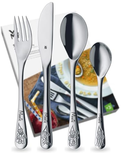 WMF Kinderbesteck mit Namensgravur, Edelstahl, 4-teilig, spülmaschinengeeignet, Geschenk zur Taufe, Taufgeschenke für Mädchen und Jungen, Kinderbesteck mit Gravur, Besteckset ab 3 Jahre, Zwerge