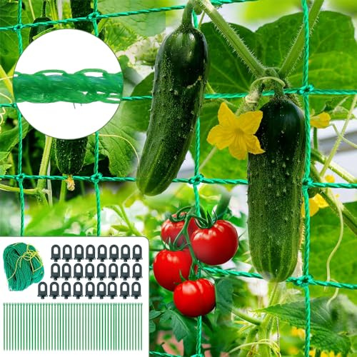 Rankhilfen für Kletterpflanzen - 2x5M Ranknetz mit 25 Gewächshausclips und 50 Pflanzenbinder - Ideal für Gurken, Tomaten und mehr
