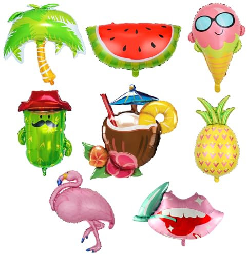 Feliciay Lot de 8 ballons en aluminium pour fête hawaïenne, ballons en aluminium en mylar fruit, fête d'été, accessoires de fête hawaïenne, accessoires de fête sur la plage