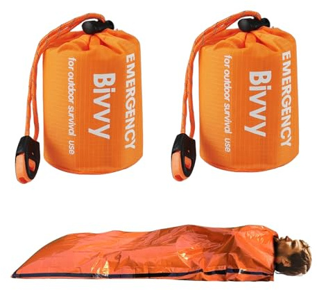 Lot de 2 sacs de couchage d'urgence avec 2 couvertures de survie réutilisables, sac de bivouac léger avec sifflet de survie, sacs de couverture d'abri, sac de bivouac thermique pour camping,