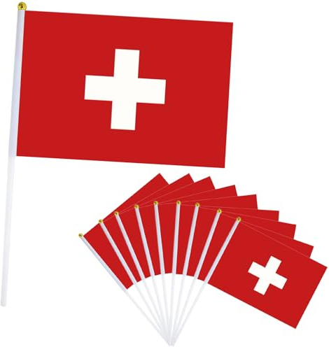 Lot de 10 Petits Drapeaux Suisse, 21x14cm Petit Drapeau Suisse avec Bâton en Plastique Mini Drapeau Switzerland pour Eurovision Jardin Bar Euro Compétition Sportive,Coupe du Monde football Fêtes Décor