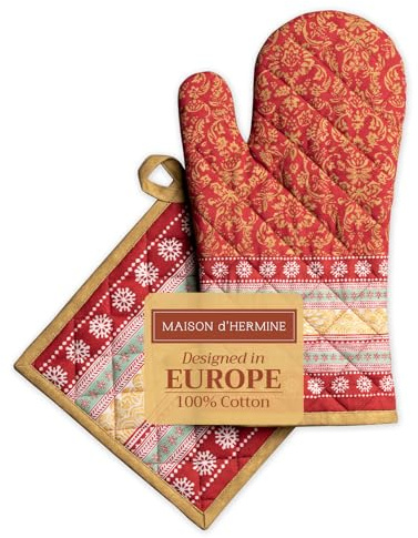 Maison d' Hermine 100% Cotton Oven Mitt & Pot Holder Set (19 x 33 cm & 20 x 20 cm) Heat Resistant BBQ Cooking Gloves with Loop for Baking Handling Hot Pans Spring Summer (Sofia)