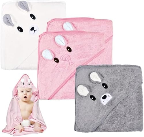 Wffeila 3Pcs Baby Kapuzenhandtuch, 80 x 80 cm, Korallenvlies, Weiß/Grau/Rosa, Cartoon, Neugeborene bis 5 Jahre