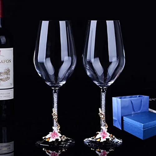 Pintado a mano esmalte copas de vino con caja de Copa de gran dureza con tallo de cristal, juego de copas de vino de cristal sin plomo, copa de vino tinto de 350 ml, 2 copas de vino con caja de regalo