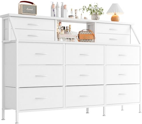 MUTUN Kommode für Schlafzimmer mit 13 Schubladen, 140 cm breite Kommode, Stoffkommode mit 2 Holzregalen, Aufbewahrungseinheit mit Stoffschubladen für Schlafzimmer, Wohnzimmer, Flur, Weiß
