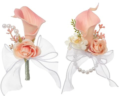 Mokylor CallaLily Ansteckblume und Knopflochblumen, Rosa, Kunstblumen, Hochzeitsblumenstrauß, Bräutigam, Trauzeugen, Braut, Brautjungfern, Hochzeitsblumen, Zubehör für Anzug, Abschlussball (Korsage