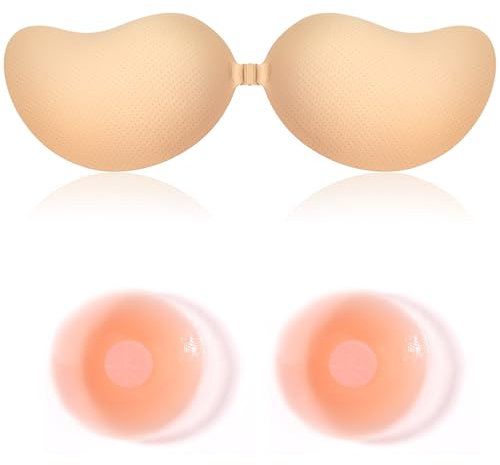 Sticky Bra Push Up - Silicone Stick on Bras, Invisible Adhesive Bra Push up Reusable Backless Strapless Bras for Women Wedding Party Dress (UK, Cup & Band, A, Beige)
