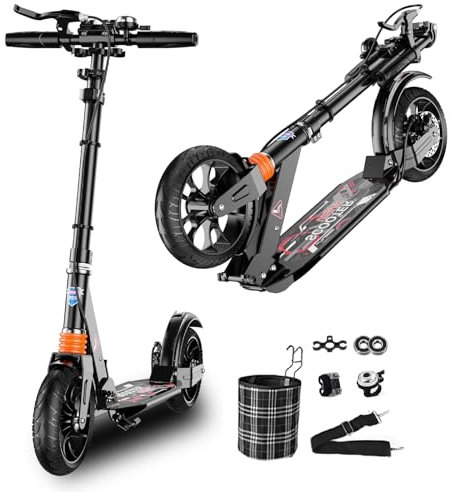 GHBXJX BigWheel Scooter(200mm X 50mm) Tretroller mit Handbremse - Stabiler Aluminium - Roller mit Scheibenbremse und Stoßdämpfer - Höhenverstellbarer Cityroller für bis zu 150kg,Schwarz