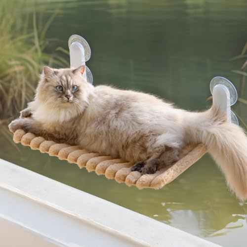 MEWOOFUN Percha plegable para ventana de gato con cubierta extraíble y reversible, hamaca suave para ventana de gato con marco de acero grueso, soporta hasta 18 kg (camello, L)