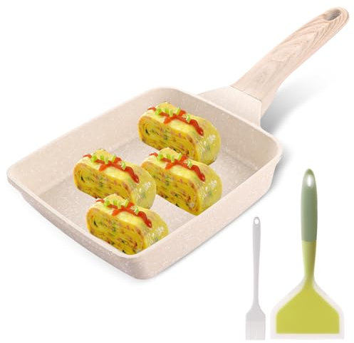 LDXDRU Japanese Omelette Pan, 14 x 19cm Tamagoyaki Pan with Handle, Non Stick Egg Frying Pan for Induction Cooker Gas Stove Use - with Spatula & Oil Brush