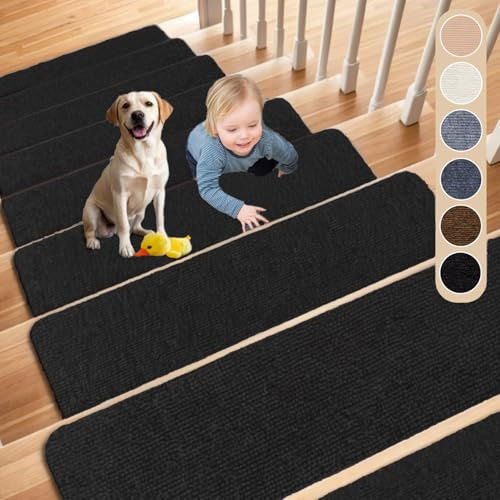Cnwinu Lot de 15 tapis de marche d'escalier autocollants antidérapants pour l'intérieur 60 x 20 cm Tapis d'escalier antidérapant pour enfants, personnes âgées et animaux domestiques (noir)