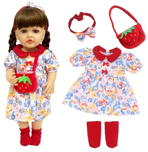 Baby Doll Clothes for 20-22 Inch Baby Dolls, 4 Packs 50-55cm Sweet Baby Doll Outfits Dress mit 1 Jumpsuit + 1 Headband + 1 Socks + 1 Bag, Red Large Baby Doll Clothing, as Gift for Girls