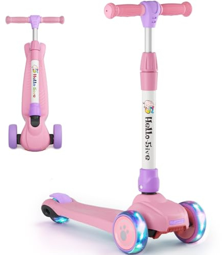 Kids Scooter Age 2,3,4,5,6, 3 Wheel Foldable Kick Scooter with Flashing Light-Up Wheels, 4 Level Height Adjustable Lean to Steer Lightweight Scooter for Toddler Children Boys Girls (Pink&Purple)