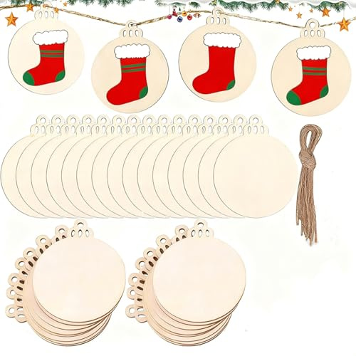 ZESABGE 100 Stück Weihnachten Deko Holz Anhänger,5cm Runde Holzscheiben Unvollendet,DIY Naturholzscheiben Holz Ornamente für Weihnachtsbaum Schmuck und Geschenk Tags
