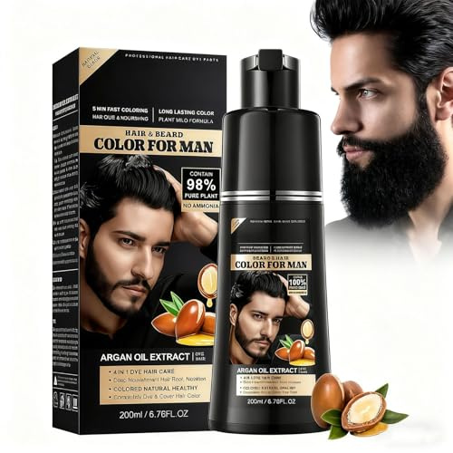 Nero Shampoo Colorante Uomo 4 in 1 – Colore Naturale per Capelli e Barba – Shampoo Capelli Bianchi, Tinta Nera Duratura, Cura e Nutrimento – 200ml