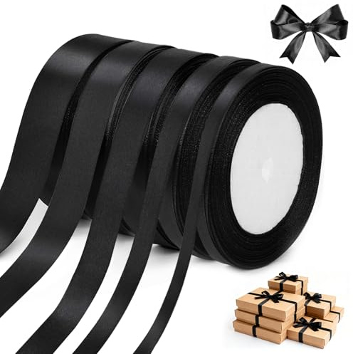 5 Rollen 22m Geschenkband Schwarz Trauerschleife Schwarzes Band | 6/10/12/15/20mm Satinband Schwarz für Hochzeit Geburtstag Weihnachten Halloween Beerdigung Basteln Und Blumensträuße