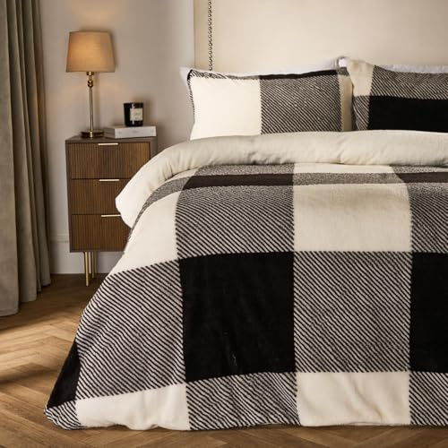 OHS King Size Teddy Fleece Duvet Set, Sherpa Reversible Gingham Check Winter Christmas Duvet Cover King Size Super Soft Warm Thermal Teddy Bear Bedding with Pillowcases, Monochrome