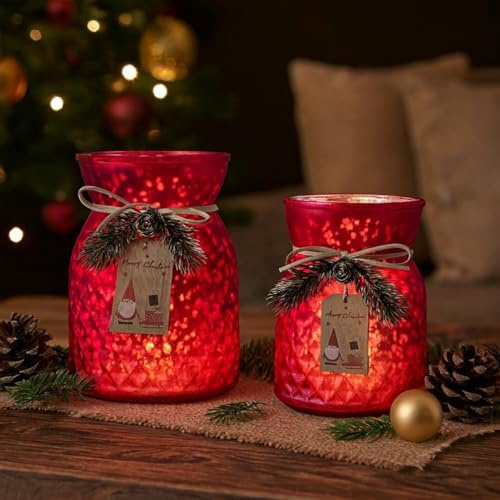 Teelichthalter Set, Kerzenständer, Kerzenhalter aus Glas für Teelichter und kleine Stumpenkerzen - Weihnachtsdekoration, edle, leicht Schimmernde Glasstruktur (Rot)